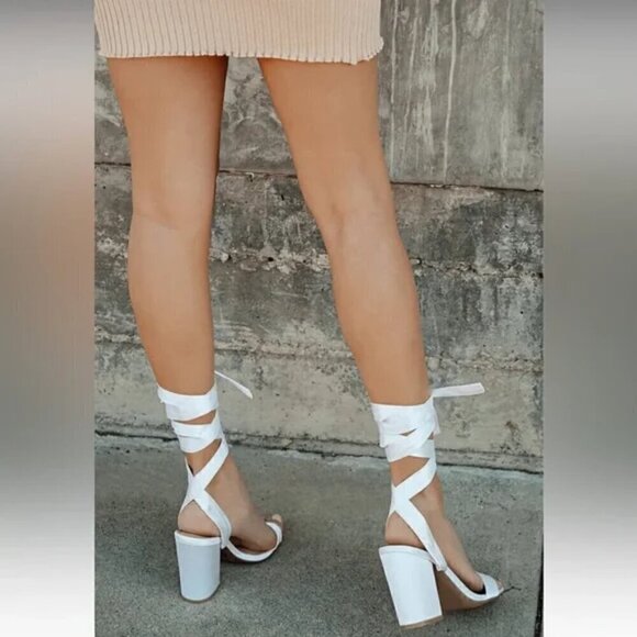 Lulu's White Alta Satin Lace Up Block Heel Gladiator Sandals Size 10 - Picture 2 of 8